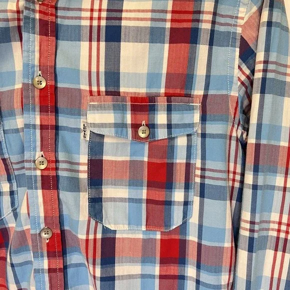 Levis Modern Fit Hooded Button Up L/S Shirt Mens Medium Red White Blue Plaid - Picture 8 of 16